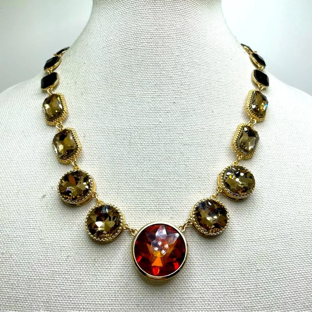Cato C 1946 Multi Faceted Lucite Orange Champagne Black Gold Tone Boho Necklace